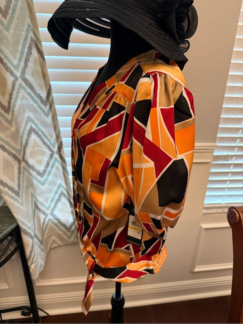 Karl Lagerfeld Geometric Print Tie-Front Blouse in Mustard, Red & Black - Picture 2 of 3